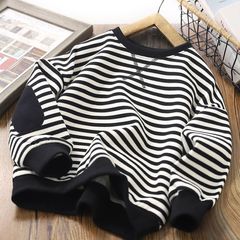 2023 Autumn/Winter Children's College Style Striped Patch Crew Neck Hoodie for Boys and Girls with Fleece and Thick Long-Sleeve Top
