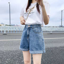 2022夏季新款后松紧高腰卷边阔腿牛仔短裤女Women Jeans Shorts