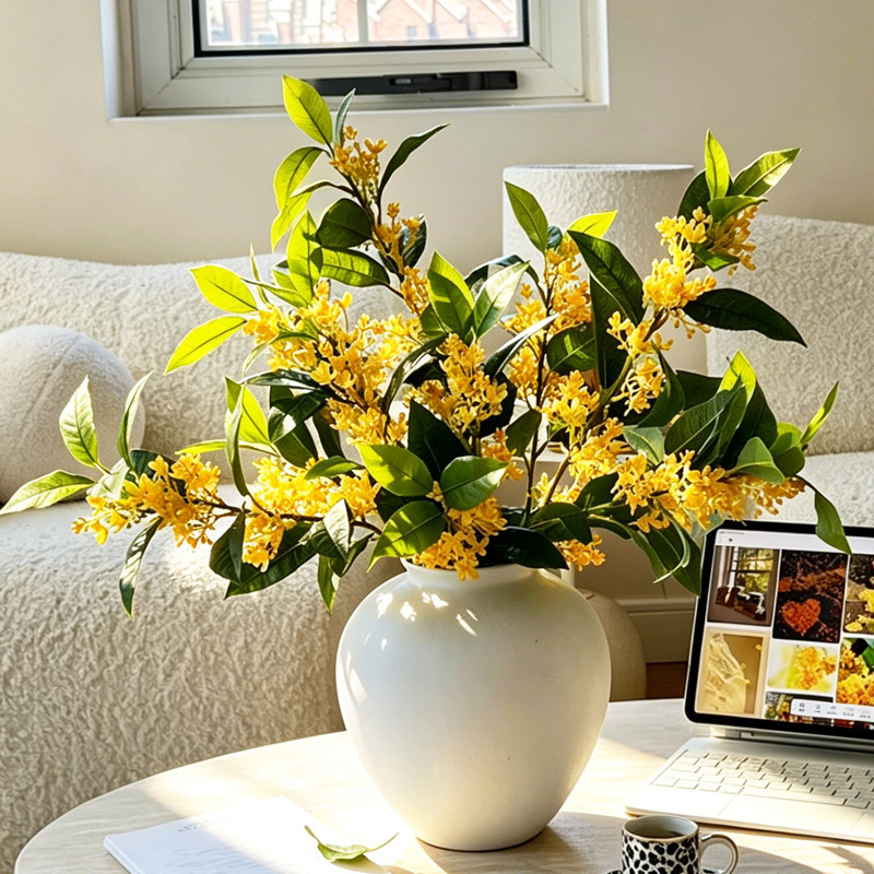 Artificial osmanthus branches, artificial flowers, nine-mile-scented osmanthus, golden osmanthus, artificial flowers for floral arrangements, floral art, landscaping, decorative plants, and home decor leaves