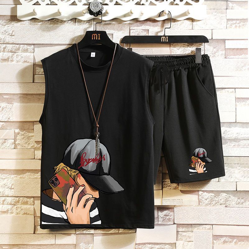 Deportes y ocio hombres traje de verano nueva juventud suelta más cuello redondo chaleco shorts set guapo partido