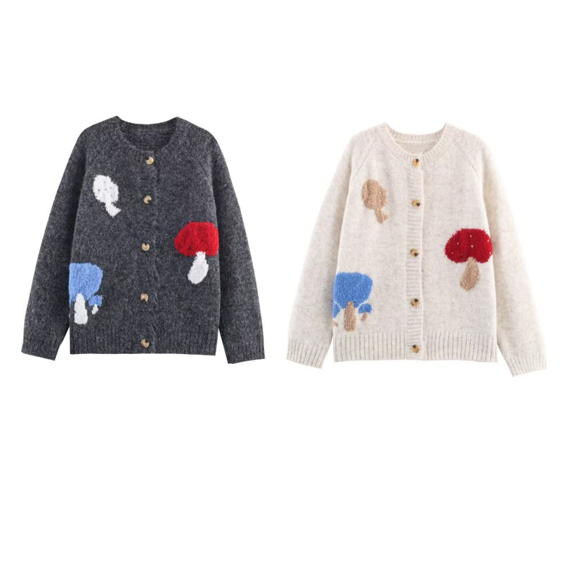 Foreign Trade Cross-Border Wholesale 2025 Autumn New Casual Women's Mushroom Knitted Cardigan Round Neck Button Decoration