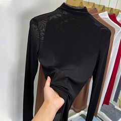 メッシュボトムシャツ、ハーフタートルネック、レディースインナー長袖春夏黒透明ガーゼシャツ、レーストップス、高級感