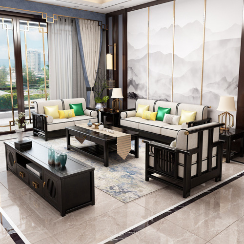 New Chinese style solid wood sofa combination modern simple Chinese style wood plus cloth sofa hotel villa living room furniture