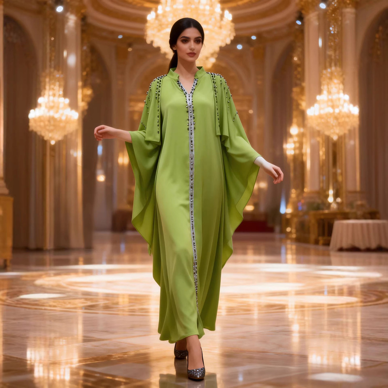 2025 New Model Green Heavy Beaded Chiffon Dress Luxurious Banquet Slim-Fit Dress Long-Sleeve Gown