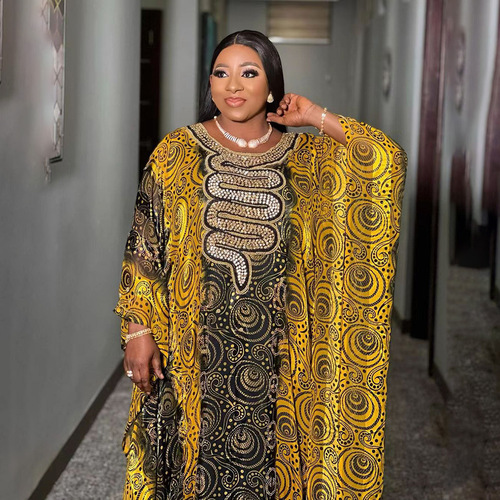  Ethnic Dress with Large Full Skirt, Chiffon, Ironed Pearls, Digital Printing, with Inner Skirts - Origin Source