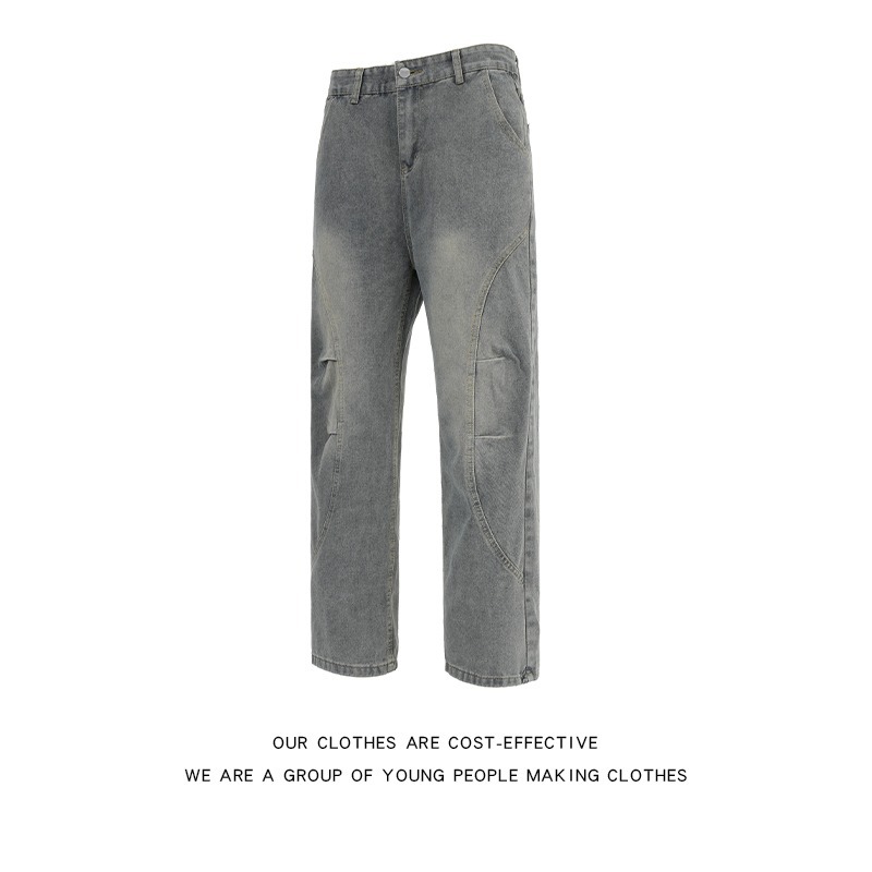 Men's Retro Patchwork Curved Blade Jeans mid Waist Loose Straight Leg Slightly Flared Pants Autumn/Winter American Style Blue_mkmklike.com
