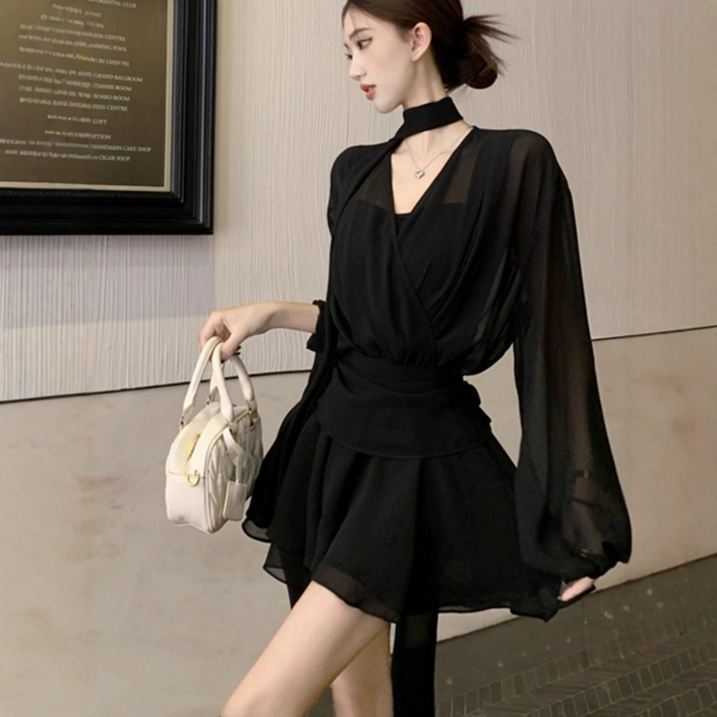 Elegant and Sexy V-Neck Long-Sleeve Shirt Dress for Women, Summer Plus-Size New Chiffon Slimming Short Black Dress Elegant and Sexy V-Neck Long-Sleeve Shirt Dress for Women, Summer Plus-Size New Chiffon Slimming Short Black Dress