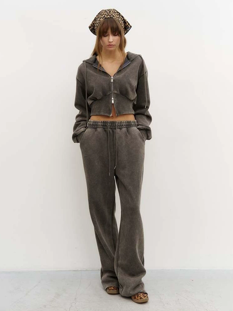 Cropped hooded sweatshirt and casual trousers set, women, 80% cotton, autumn retro style