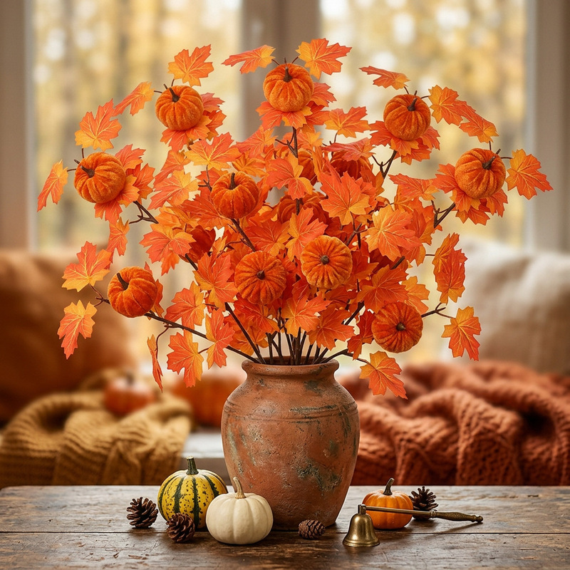 Artificial Velvet Pumpkin Bunch, Cross-Border Home Decoration Flower Arrangement, Autumn Maple Leaves, Amazon Decoration, Artificial Maple Leaves