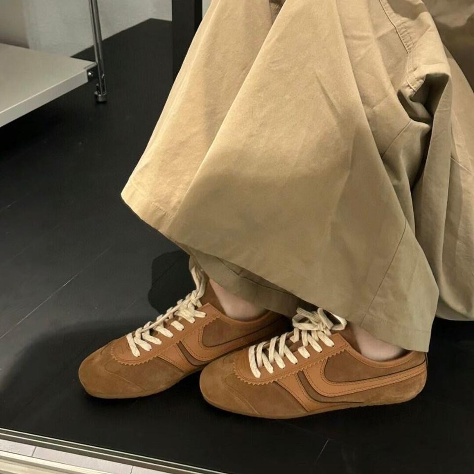 Giày sneaker nữ da thật cổ thấp dáng cổ điển buộc dây phối màu — Bạc, màu nâu, màu xanh lá cây, màu đỏ