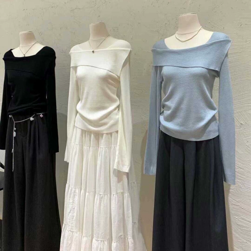 Оптовая продажа женской одежды: Новинка осени 2025 – трикотажный свитер с длинным рукавом и открытыми плечами, женский базовый укороченный топ-блузка