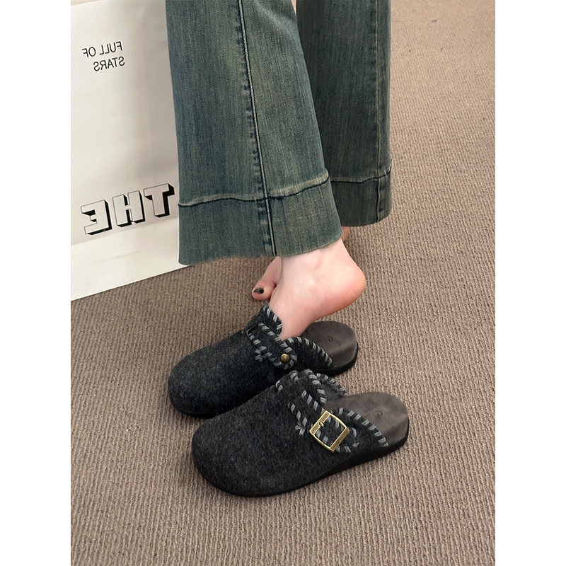 保暖拼色缝边扣带厚底百搭毛呢博肯半拖女2025年秋冬新款穆勒鞋子