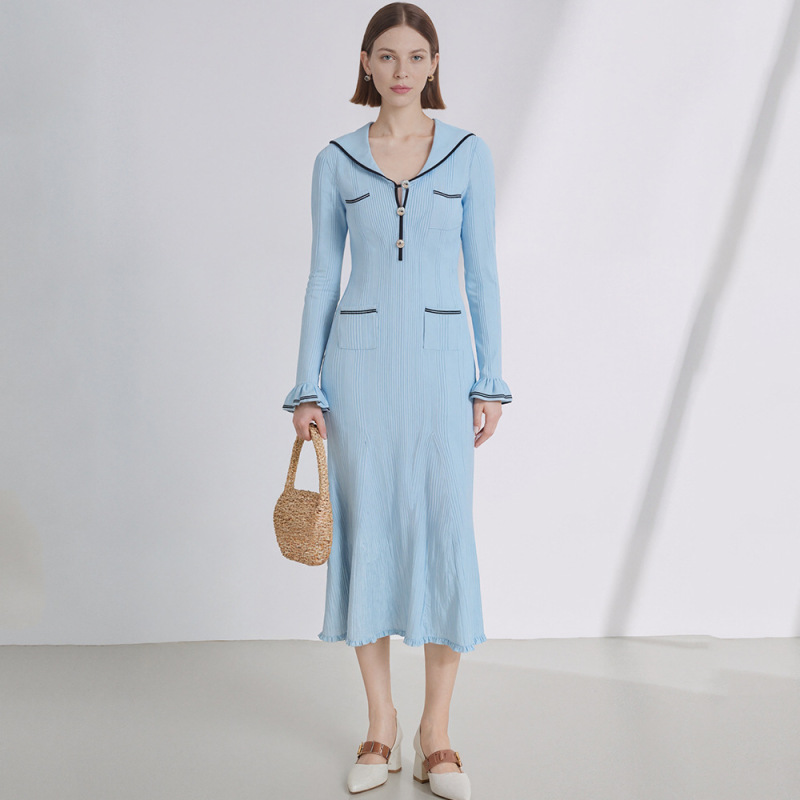~ in stock ~ Navy Collar Trumpet Sleeve Long Knitted dress Gold Button Black Edge Contrast in stock Cross Border Long Dress ~ in stock ~ Navy Collar Trumpet Sleeve Long Knitted dress Gold Button Black Edge Contrast in stock Cross Border Long Dress