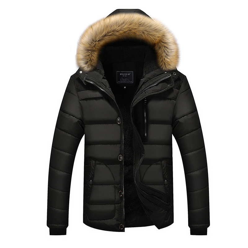 Middle-Aged and Elderly Men's Cotton-Padded Jacket, Fleece-Lined, Thickened, Plus-Size, Men's Patchwork Hooded Coat with Fur Collar, Warm Cotton Clothing
