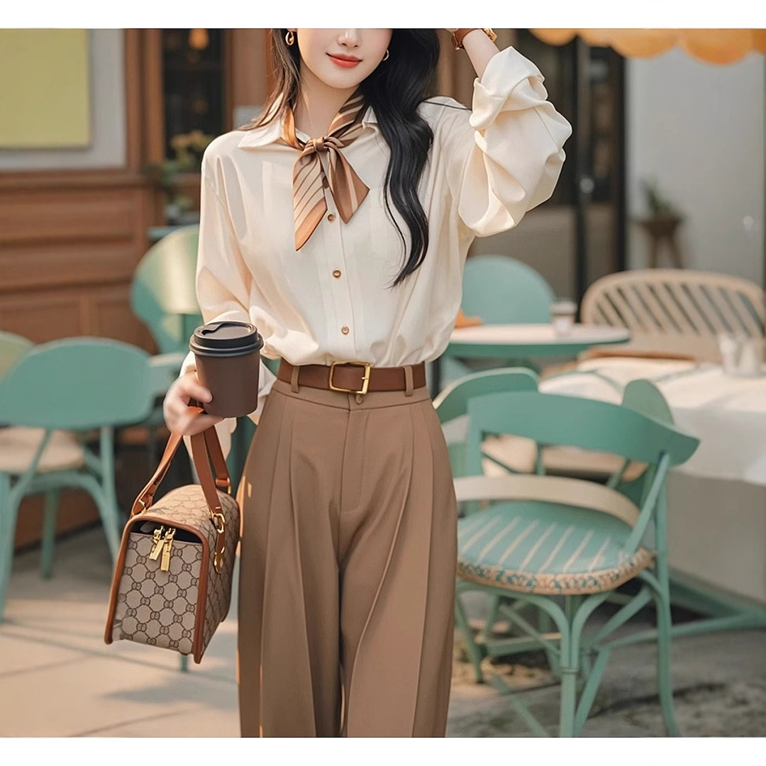 GraceChic 2025 Spring And Autumn Korean Version Ins Simple Apricot Long Sleeve Shirt Wide Leg Two-Piece Women's Professional Suit_voghion.com
