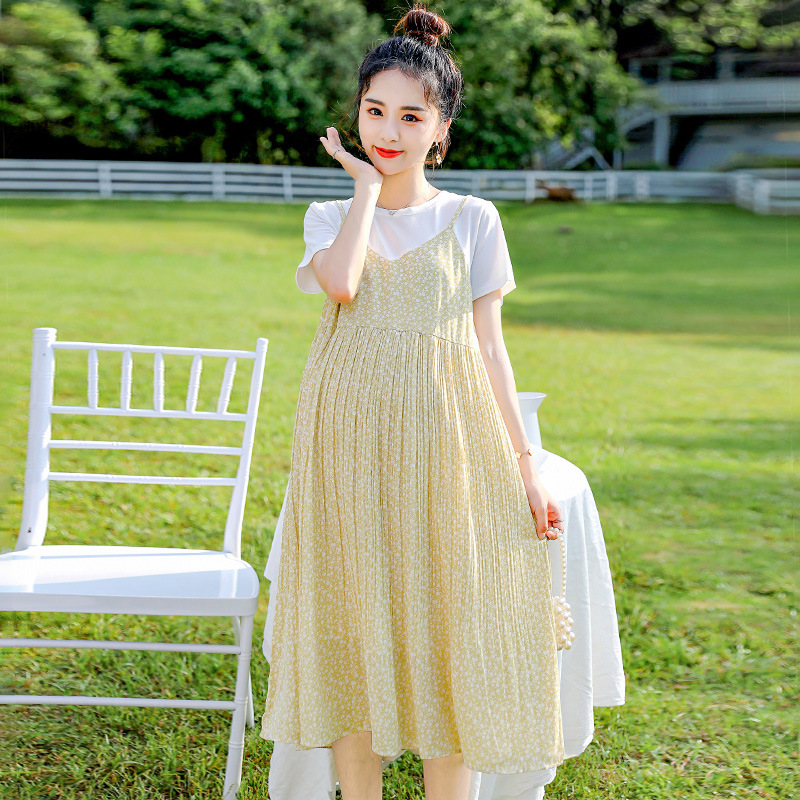 Korean Edition False two pregnant woman Dress 2021 summer new pattern Mid length version fashion Easy Pregnant mother Pleated skirt
