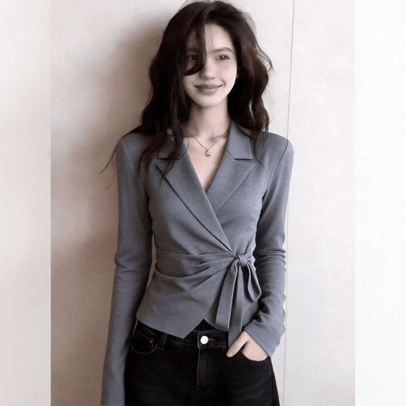 Gray Lapel Long-sleeved Shirt For Women, New Early Spring Style,...