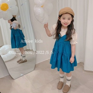 Girls Dress 2024 Summer New Internet Celebrity Korean Style Western Suspender Solid Color Fake Two-Piece Baby Princess Dress Trendy