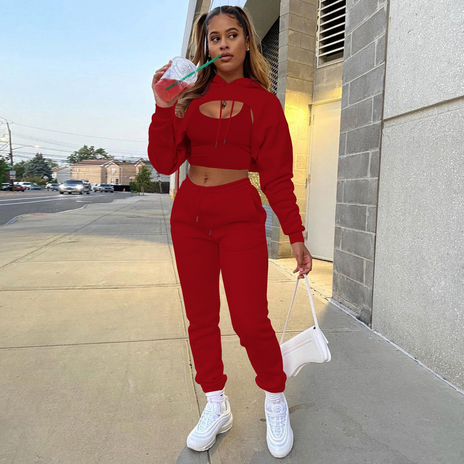 2023 European and American women's fleece-lined in autumn and winter drawstring solid color hooded cape sweater long sleeve trousers vest three-piece suit