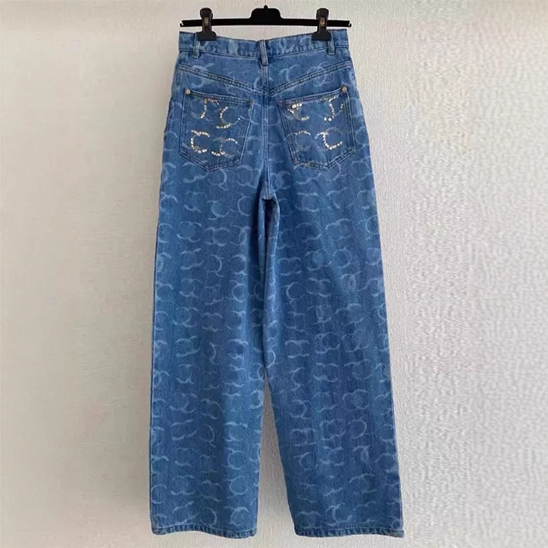 2025 Nanyou Classy Women's Clothing Ch Small Fragrance Style Full Printed Logo Sequin Embroider High Waist Straight Wide Leg Jeans for Women