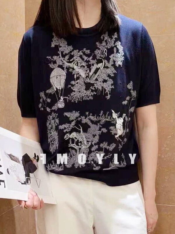 High-Quality Heavy Embroidery Hot Air Balloon Jungle Animal Silk Tencel Short-Sleeve T-Shirt Thin Knit Top High-Quality Heavy Embroidery Hot Air Balloon Jungle Animal Silk Tencel Short-Sleeve T-Shirt Thin Knit Top