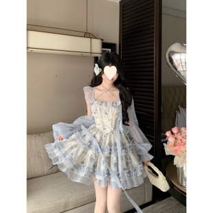 燈籠袖蕾絲花邊防曬開衫女小飛袖蓬蓬碎花連衣裙兩件套