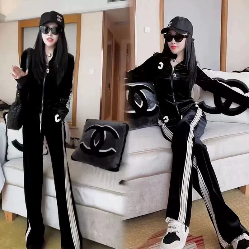 Золотой бархатный повседневный спортивный костюм для женщин, весна-осень 2024, новая модная куртка, широкие брюки, комплект из двух предметов