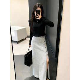 灰色高级感排扣开叉辣妹性感呢子半身裙女冬季高腰时髦小众长裙子