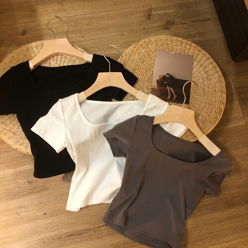 Cotton Short Sleeve T-Shirt for Women - Summer 2025, Design-Oriented, Niche, Base Layer, High-Waisted, Short Style, Square Collar Top for Layering