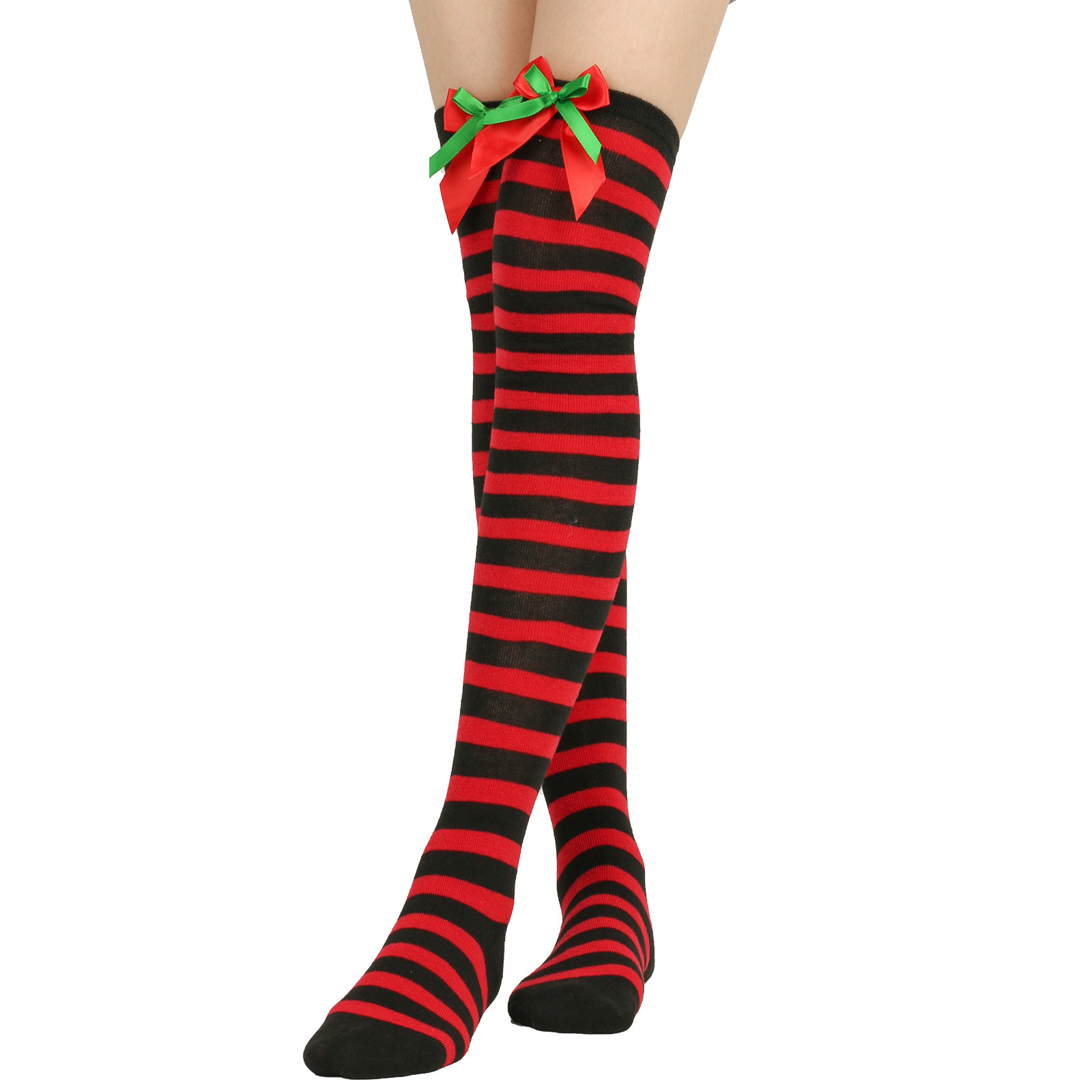 Calzini natalizi unisex con fiocco, calzini a palla, sopra il ginocchio, calzini lunghi da donna, calzini natalizi a righe_voghion.com