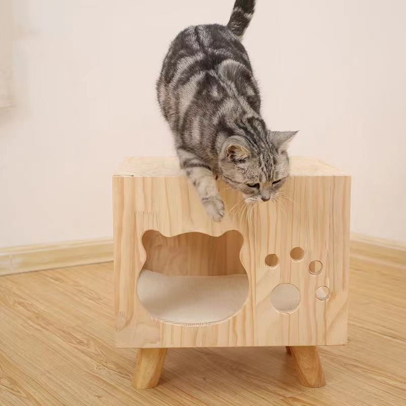 跨境木质猫窝猫凳宠物窝猫窝宠物玩具一体半封闭式猫房子实