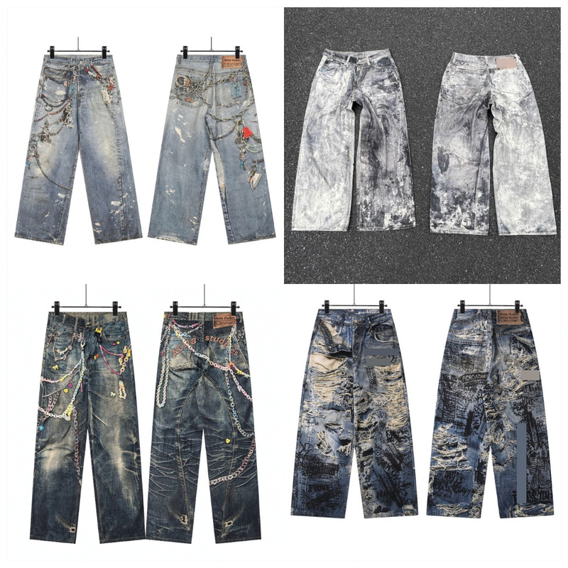 Cross-Border A-Line Wide-Leg Jeans 1981 Retro Rainbow Coating Optical Illusion Painted Oil Painting Distressed Straight-Leg Jeans