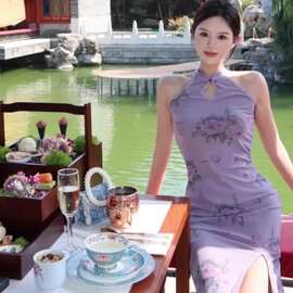 小个子150XS夏复古新中式印花镂空改良旗袍收腰显高包臀开叉长裙