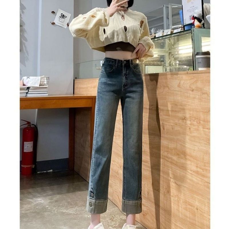水泥灰烟管牛仔裤女2025春秋新款高腰修身显瘦八分直筒裤九分拼接|undefined