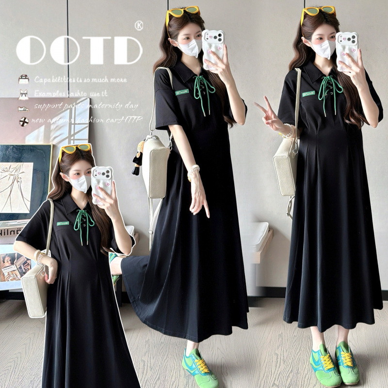 2026 Maternity Wear Summer New Fashion Lace-Up Short-Sleeved Long Dress