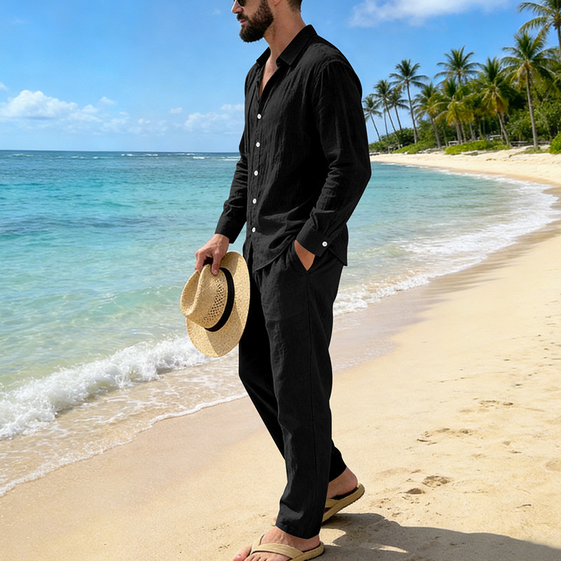 Set camicia in lino da uomo maniche lunghe completo casual mare_voghion.com