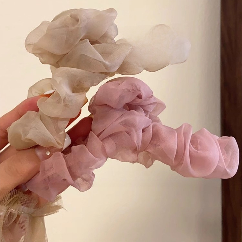 韓版高級感超仙秋季褶皺網紗髮夾女後腦勺氣質盤發抓夾大號鯊魚夾
