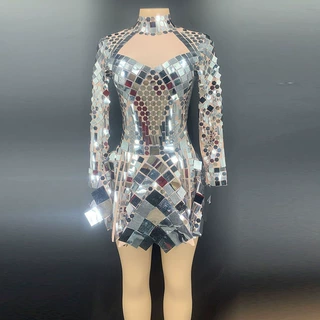 钻石长裙生日服装夜店酒吧百老汇性感银色亮片长袖连衣裙DJ女歌ds