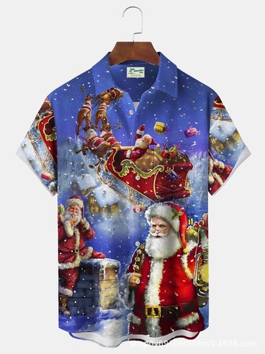 Christmas Print Casual Short-Sleeve Cross-Border New Santa Claus Shirt Cross-Border Amazon Original Manufacturer