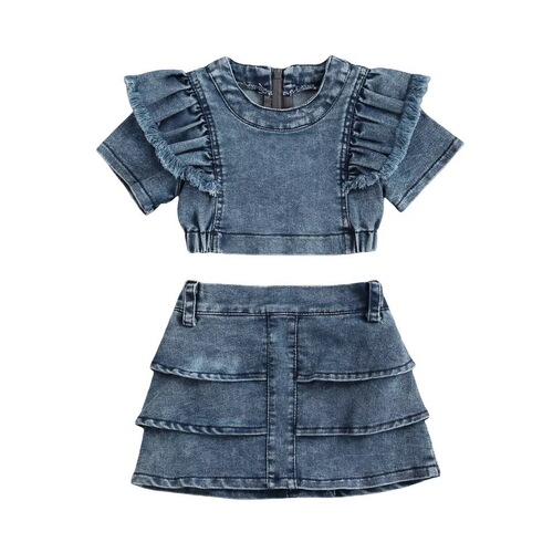 Cross-border European and American children's skirt suit  spring and summer new denim short-sleeved ruffle top and skirt two-piece trendy set