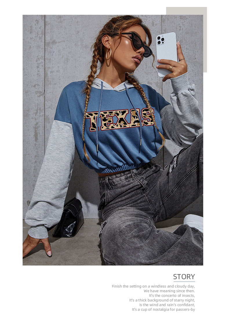 Felpa con cappuccio corta stampata autunno 2024, casual, corta, patchwork, per donna_voghion.com