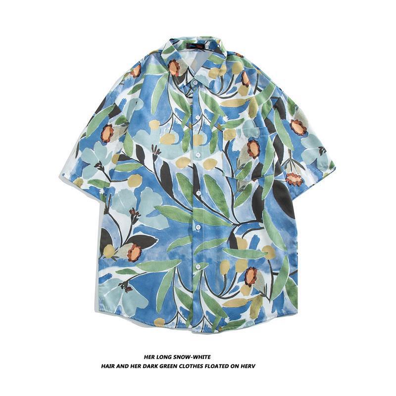 Hong Kong estilo Retro Vintage floral camisa de manga corta Estilo Hawaiano tailandés diseño sentido Ruan guapo camisa suelta para hombres y mujeres