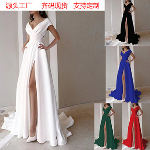 2025 cross-border breast wrap style ruffle red black white mid-waist solid color commuter long dress dress evening dress