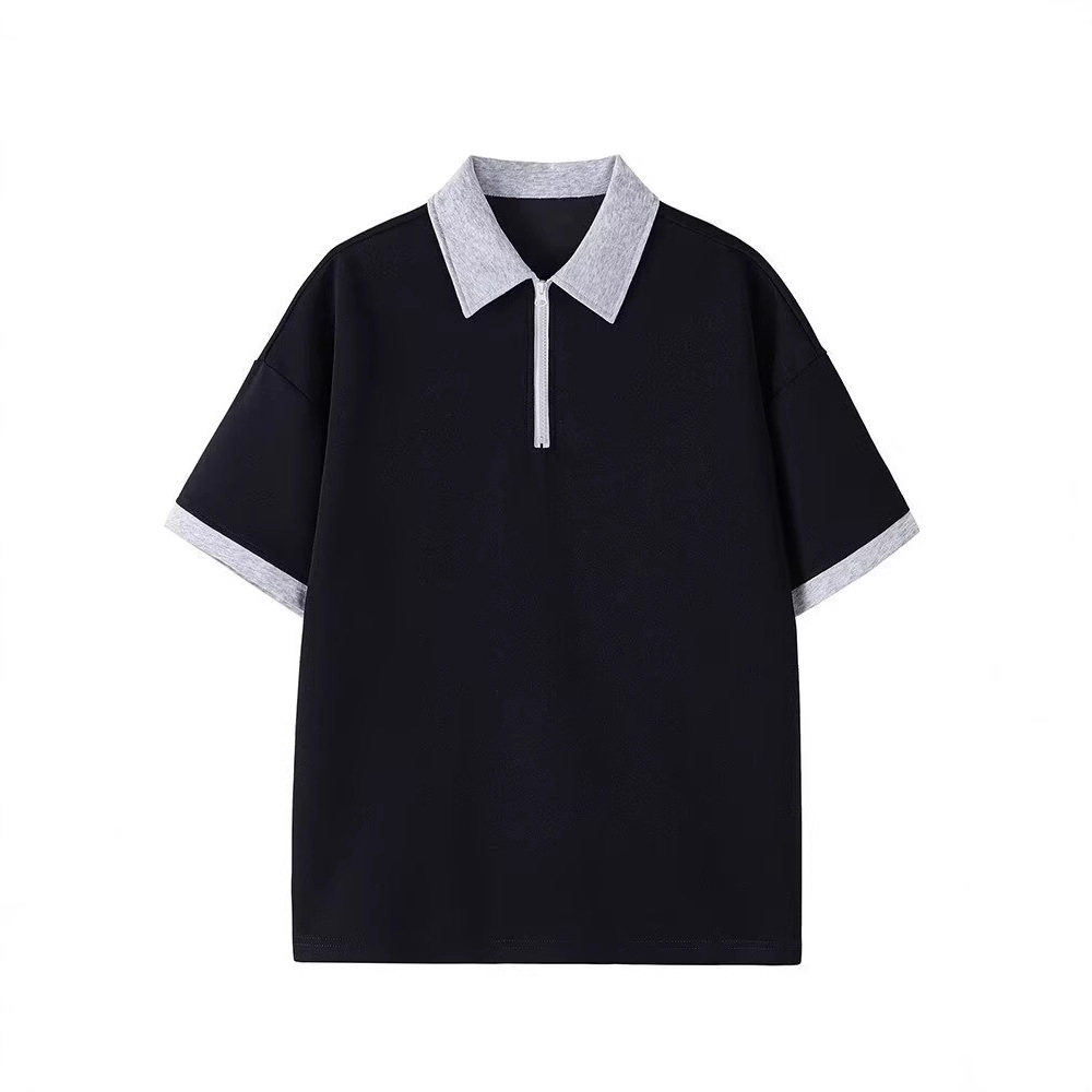 Chemise homme style américain à demi-zip, manches courtes, coupe ample et confortable, col montant._voghion.com