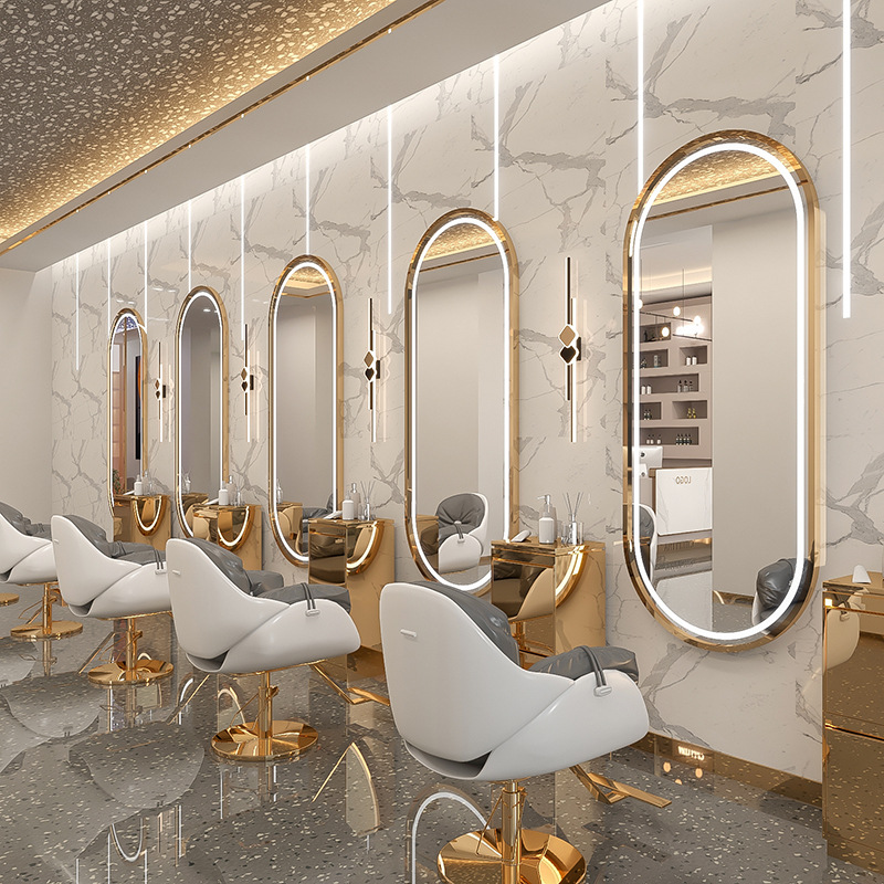 Barbería en línea tabla de espejo salón especial tipo pared simple barbería espejo de piso LED tabla de espejo de escaldado control táctil