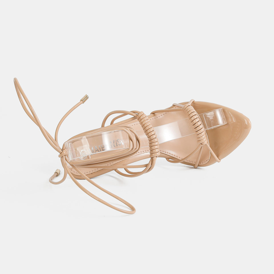 Sandal cao gót mảnh quai chéo đính gót pha lê, mũi hở, phong cách La Mã — Màu be, Màu bạc, Màu trắng, Màu tím chi tiết 6