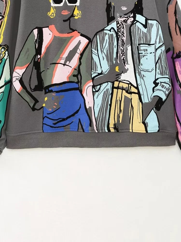 Comercio exterior 2023 primavera nueva ropa de mujer forrada de lana con capucha cuello redondo suelta impresa sudadera