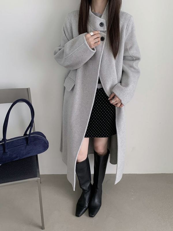 羊毛大衣女2025秋冬立领宽松系带高级感加长款双面羊毛双面呢外套|undefined