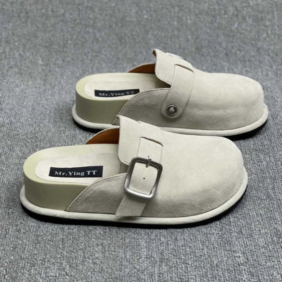 [В наличии] Европейская женская обувь 2015 года. Осенние новые замшевые женские сабо с закрытым носком и пряжкой на ремне на толстой подошве.