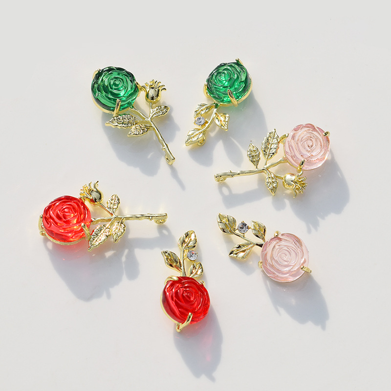 流行时尚气质合金玫瑰花朵镶嵌锆石吊坠配件 DIY耳环饰品材料批发